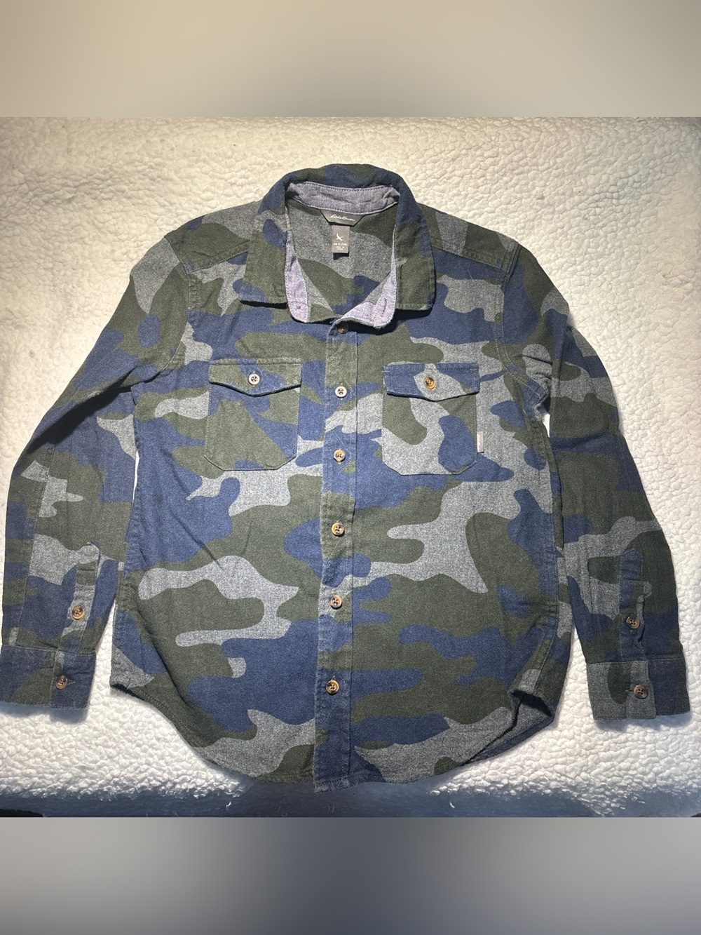 Eddie Bauer Boys Flannel Camouflage Button-up Shirt - Olive & Navy & Gray
